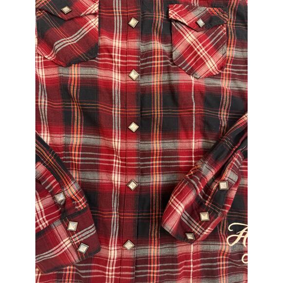 Women's Harley Davidson Red Plaid Flannel Snap Up Shirt Studded Size M Embroider - Picture 4 of 7